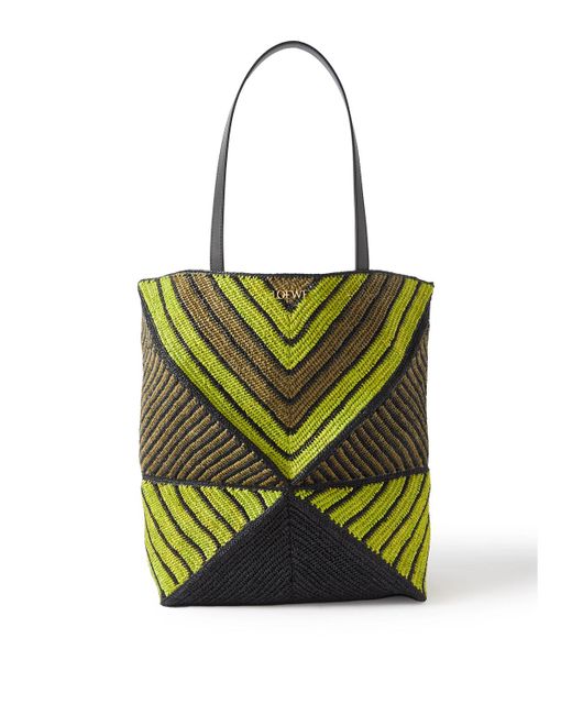 Loewe Green Paula'S Ibiza Puzzle Fold Large Leather-Trimmed Striped Raffia Tote Bag for men