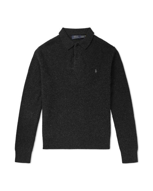 Polo Ralph Lauren Black Logo-Embroidered Waffle-Knit Wool And Cotton-Blend Polo Shirt for men