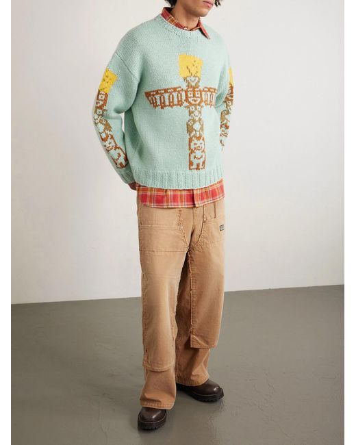 Kapital Blue Peckish Totem Pole Intarsia Wool Sweater for men