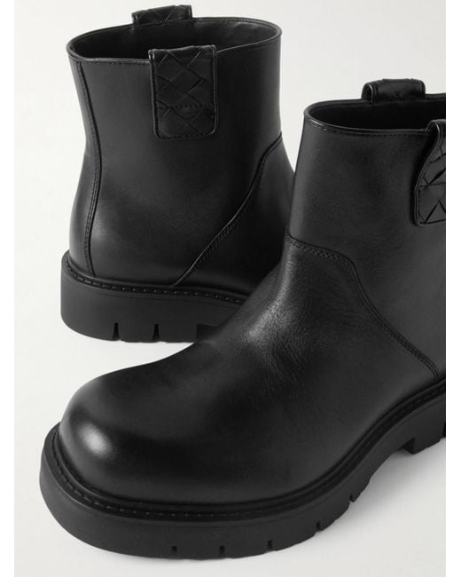 Bottega Veneta Black Haddock Intrecciato-Detailed Leather Boots for men