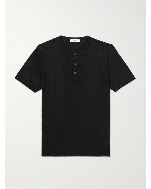 Mr P. Black Pointelle-Knit Linen And Cotton-Blend Henley T-Shirt for men