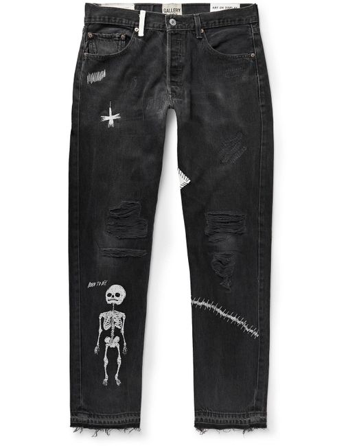 GALLERY DEPT. Black Slim-fit Straight-leg Painted Embroidered Distressed Jeans for men