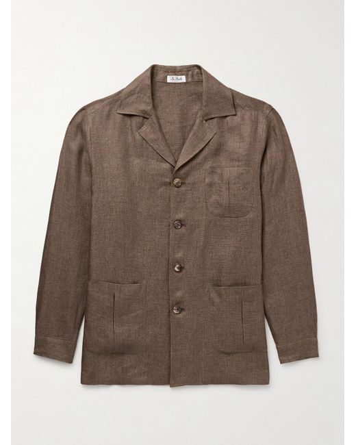 De Petrillo Brown Slim-Fit Camp-Collar Linen Overshirt for men