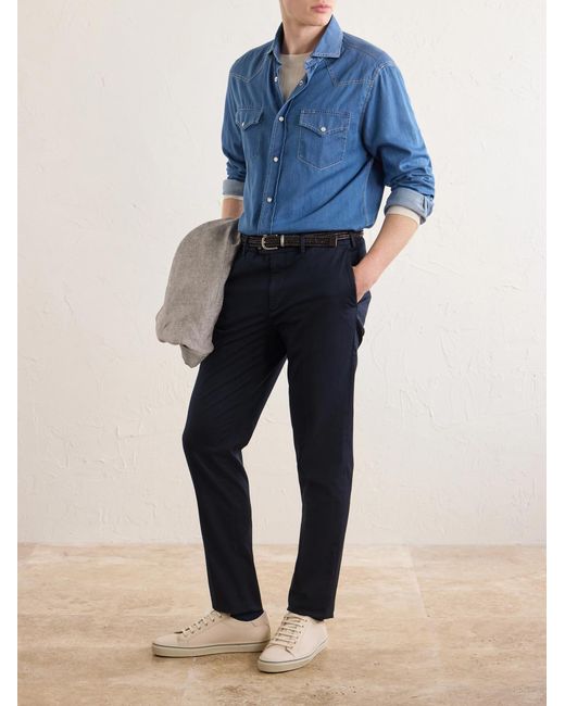 Brunello Cucinelli Blue Slim-Fit Stretch-Cotton Gabardine Trousers for men