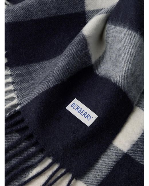Burberry Blue Fringed Checked Cashmere Scarf for men