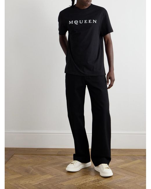 McQueen Black Logo-Flocked Cotton-Jersey T-Shirt for men