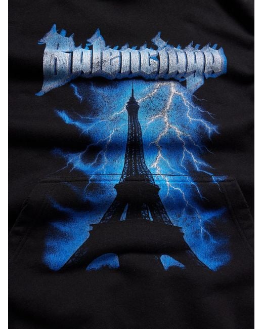 Balenciaga Blue Paris Thunderstorm Distressed Logo-Print Cotton-Jersey Hoodie for men