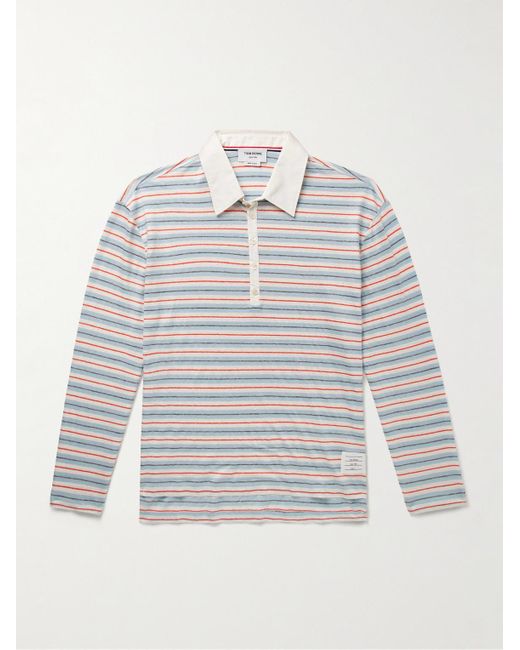 Thom Browne Gray Cotton-blend Poplin Trimmed Striped Stretch-linen Jersey Polo Shirt for men