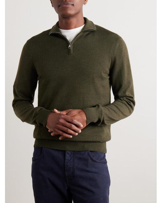 Linton Logo-Embroidered Wool Half-Zip Sweater di James Purdey & Sons in Green da Uomo