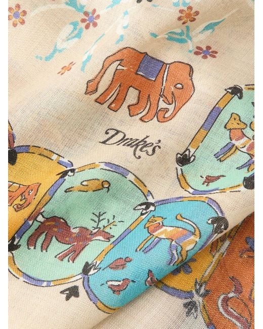 Drake's Natural Frayed Printed Wool And Silk-Blend Scarf for men