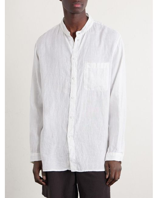 Blue Blue Japan White Grandad-Collar Linen Shirt for men