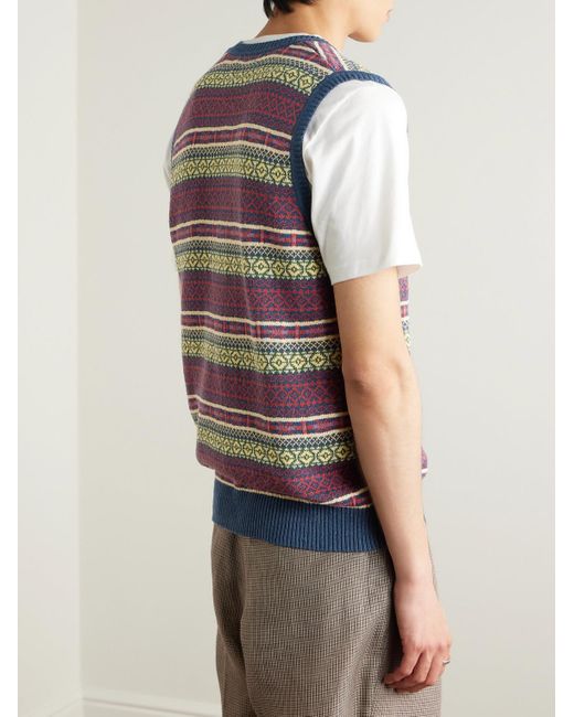 Beams Plus Gray Fair Isle Linen And Cotton-Blend Sweater Vest for men