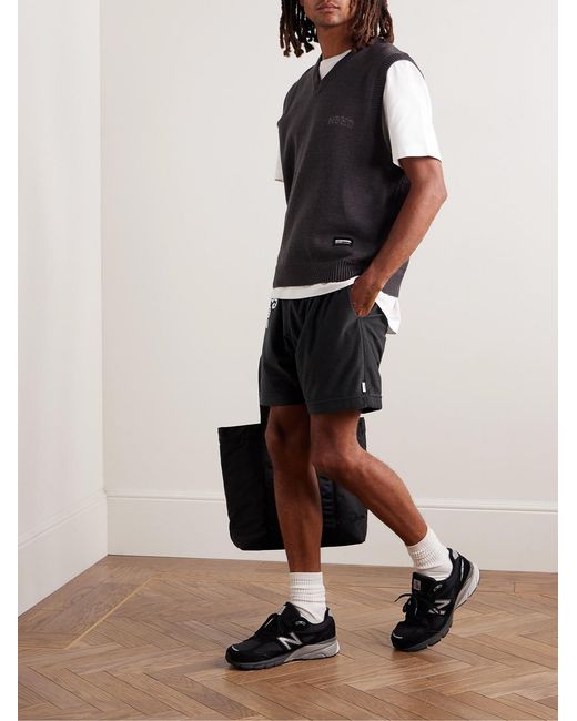(w)taps Black Straight-Leg Logo-Print Brushed-Mesh Shorts for men