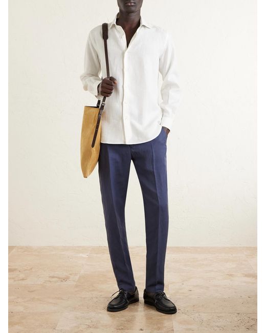 Eleventy Blue Straight-leg Lyocell And Linen-blend Drawstring Trousers for men