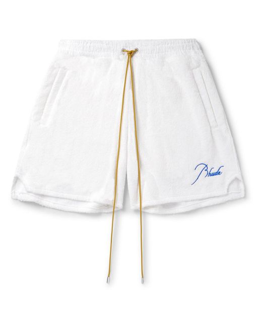 Rhude White Straight-leg Logo-embroiderd Cotton-fleece Shorts for men