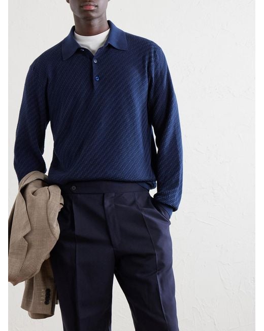 Brioni Blue Cotton, Silk And Cashmere-Blend Polo Shirt for men