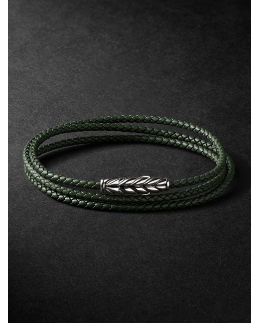 David Yurman Black Chevron Braided Leather And Sterling Silver Wrap Bracelet for men