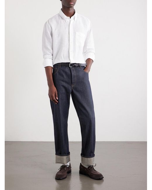 Thom Browne White Logo-Appliquéd 4-Bar Linen Shirt for men