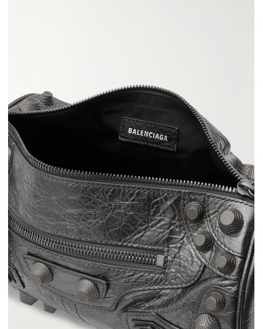 Balenciaga Black Le Cagole Studded Metallic Crinkled-leather Messenger Bag for men