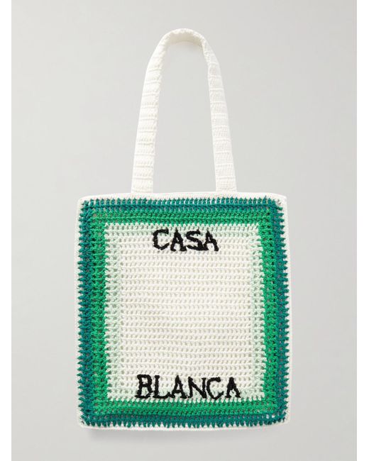 Casablancabrand Green Embellished Embroidered Striped Crocheted Cotton Tote Bag for men