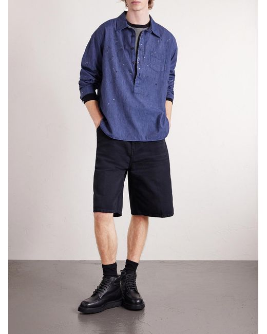 Paint-Splattered Cotton And Silk-Blend Chambray Shirt di Visvim in Blue da Uomo