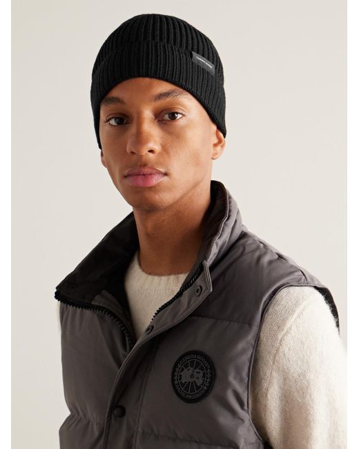 Canada Goose Black Logo-Appliquéd Ribbed Wool Beanie for men