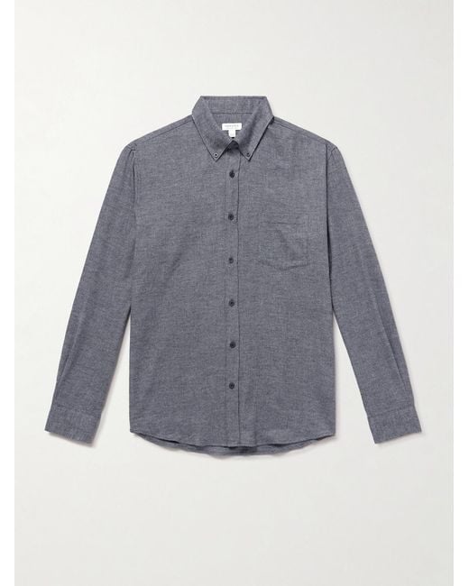 Sunspel Blue Button-Down Collar Cotton-Flannel Shirt for men