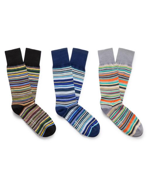 Paul Smith Blue Pack Of Three Striped Cotton-blend Socks for men