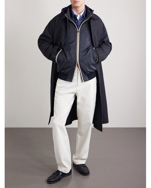 Kiton Blue Suede-Trimmed Shell Hooded Jacket for men