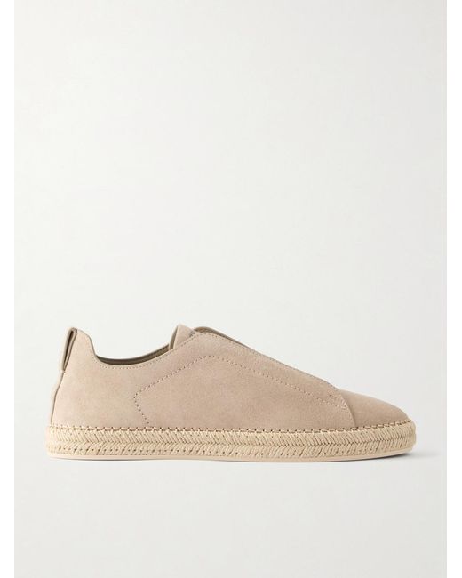 Zegna Natural Triple Stitch Leather-Trimmed Suede Slip-On Sneakers for men
