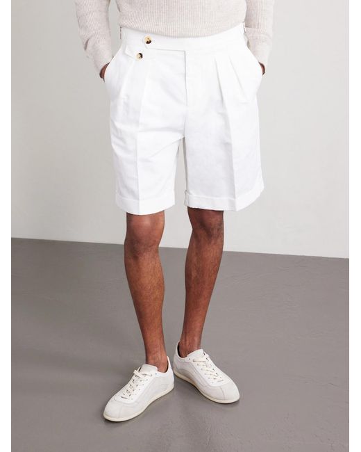 Brunello Cucinelli White Wide-leg Pleated Cotton And Linen-blend Bermuda Shorts for men