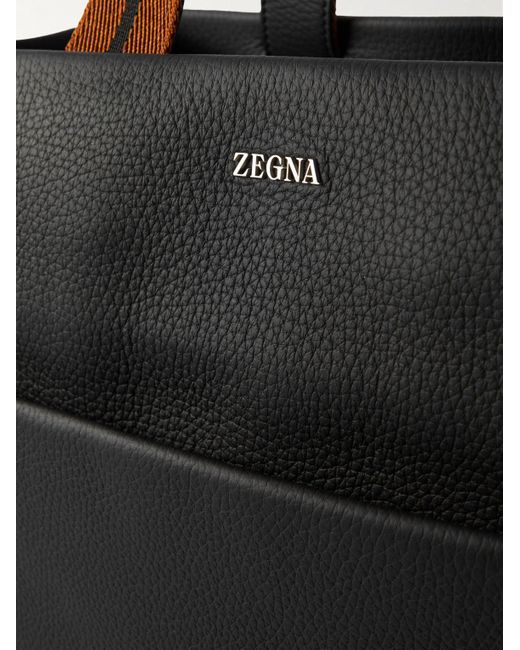Zegna Black Striped Webbing-trimmed Full-grain Leather Tote Bag for men