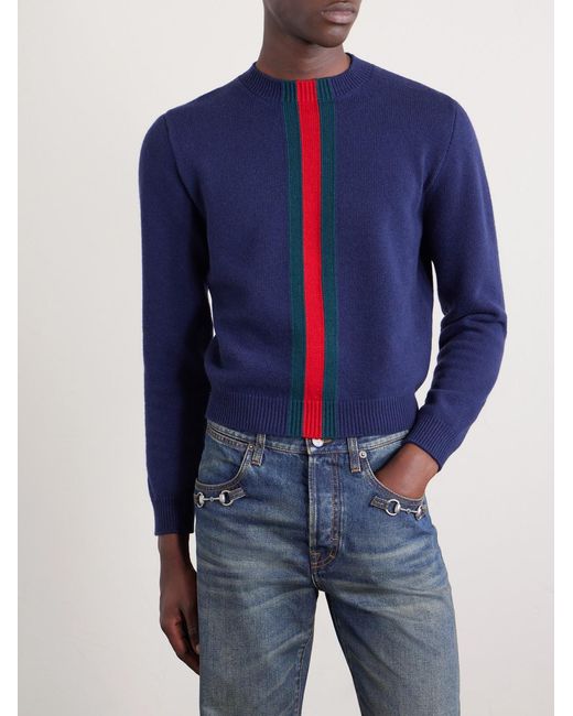 Gucci Blue Slim-Fit Cropped Striped Wool Sweater for men