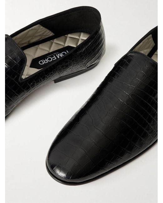 Tom Ford Black Steven Grosgrain-Trimmed Croc-Effect Leather Loafers for men