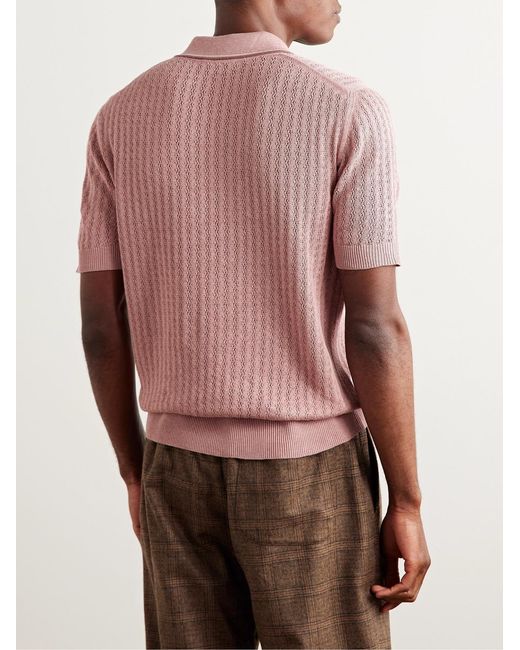 Piacenza 1733 Pink Striped Pointelle-Knit Silk And Linen-Blend Polo Shirt for men