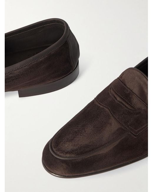 Edward Green Brown Polperro Leather-Trimmed Suede Penny Loafers for men