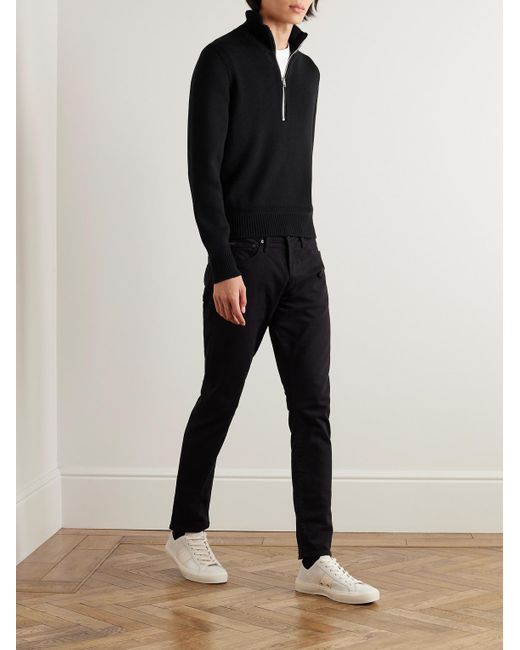Tom Ford Black Ribbed Merino Wool And Silk-blend Half-zip Sweater for men