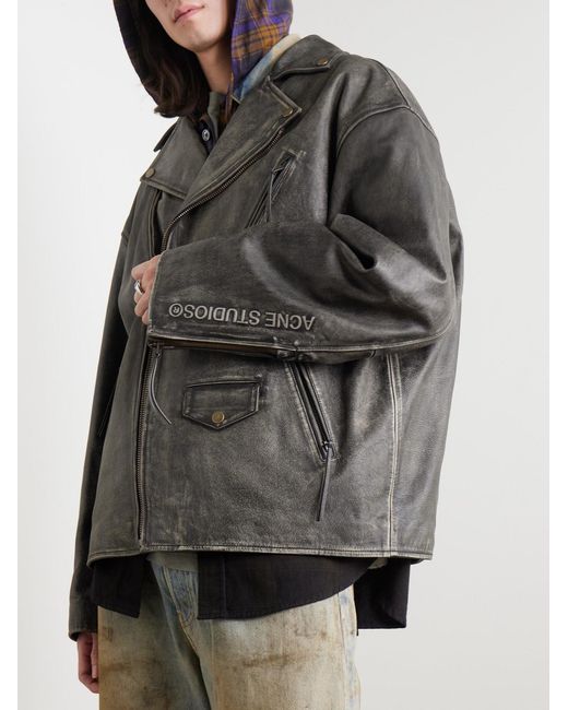 Acne Gray Logo-Embossed Leather Biker Jacket for men