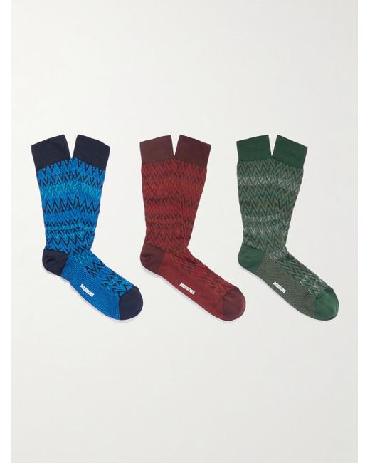 Missoni Blue Three-pack Crochet-knit Cotton-blend Socks for men