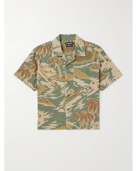 CHERRY LA Green Camp-collar Printed Cotton-twill Shirt for men