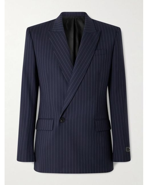 Balmain Blue Double-Breasted Pinstriped Wool-Blend Blazer for men