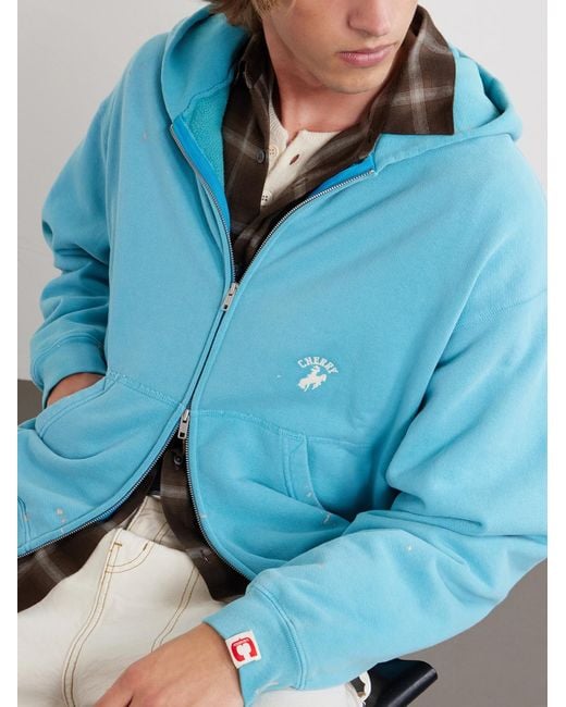 CHERRY LA Blue Logo-Embroidered Paint-Splattered Cotton-Jersey Zip-Up Hoodie for men