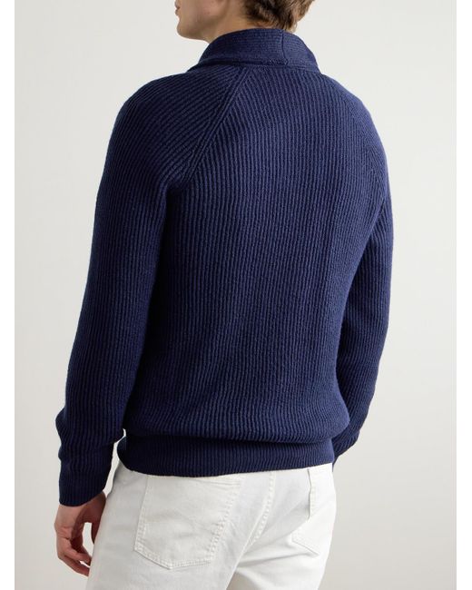 Brunello Cucinelli Blue Shawl-Collar Ribbed Cotton Cardigan for men