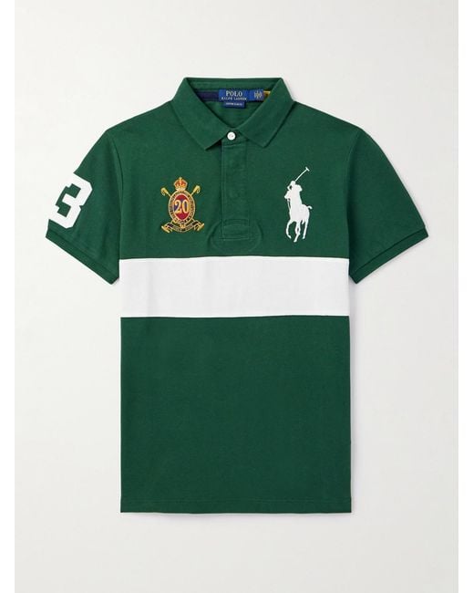 Polo Ralph Lauren Green Logo-Embroidered Appliquéd Striped Cotton-Piqué Polo Shirt for men