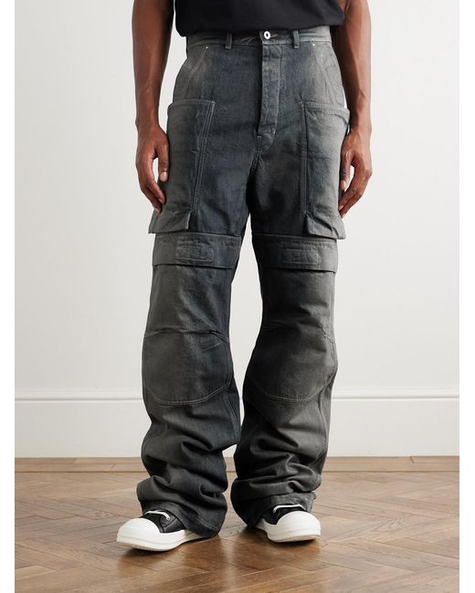 Rick Owens Gray Stefan Wide-Leg Distressed Denim Cargo Trousers for men