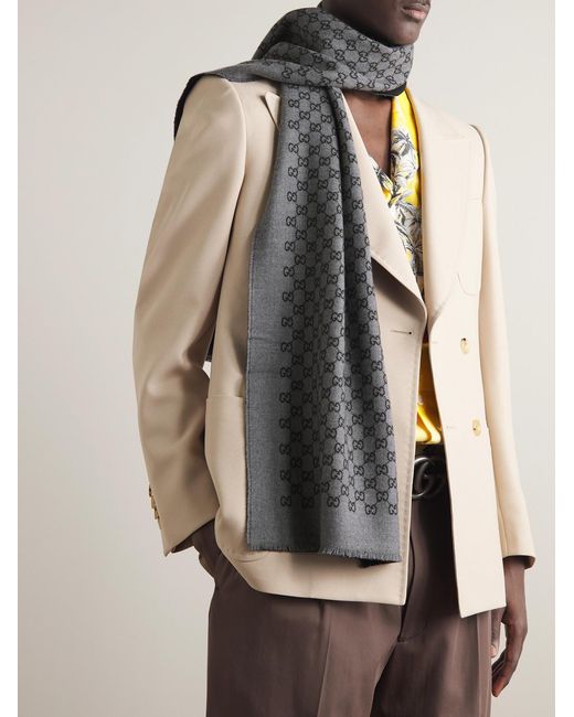 Gucci Gray Reversible Logo-Print Wool Scarf for men