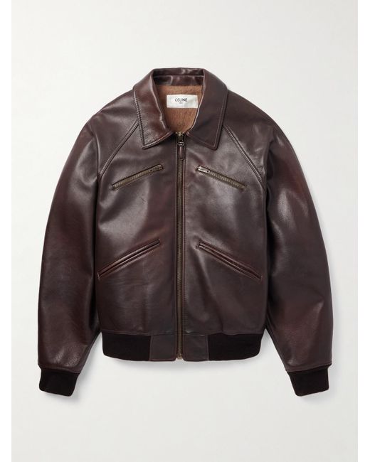 Céline Brown Leather Bomber Jacket for men