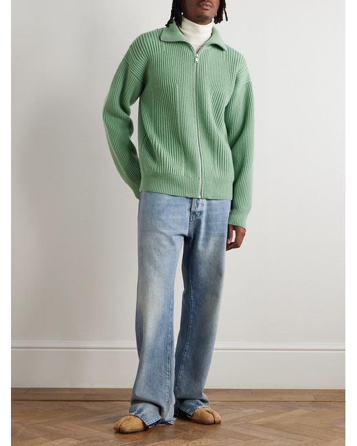 Jil Sander Green Ribbed Wool Zip-up Cardigan for men