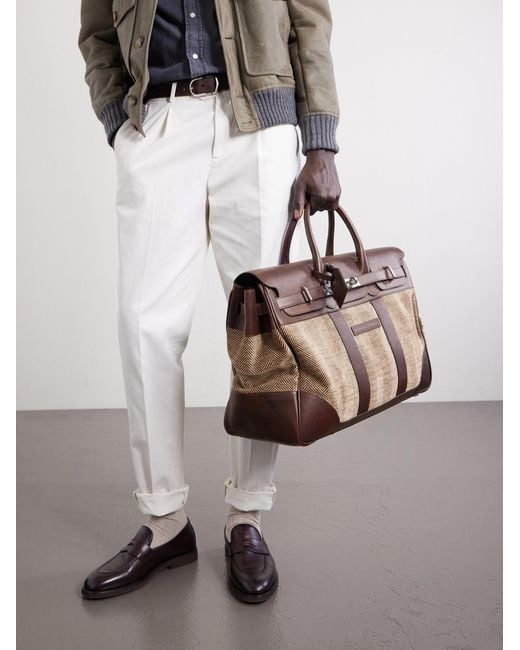 Brunello Cucinelli Brown Herringbone Canvas And Leather Weekend Bag for men