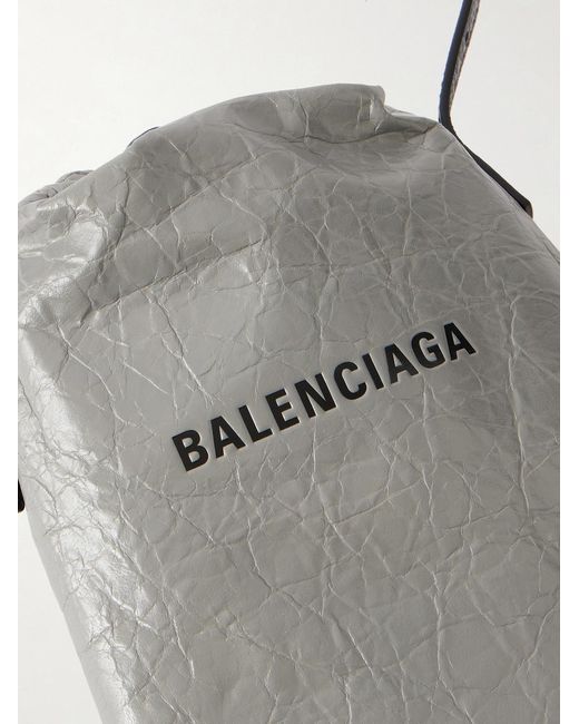 Balenciaga White Shopper Logo-Debossed Crinkled-Leather Phone Pouch for men